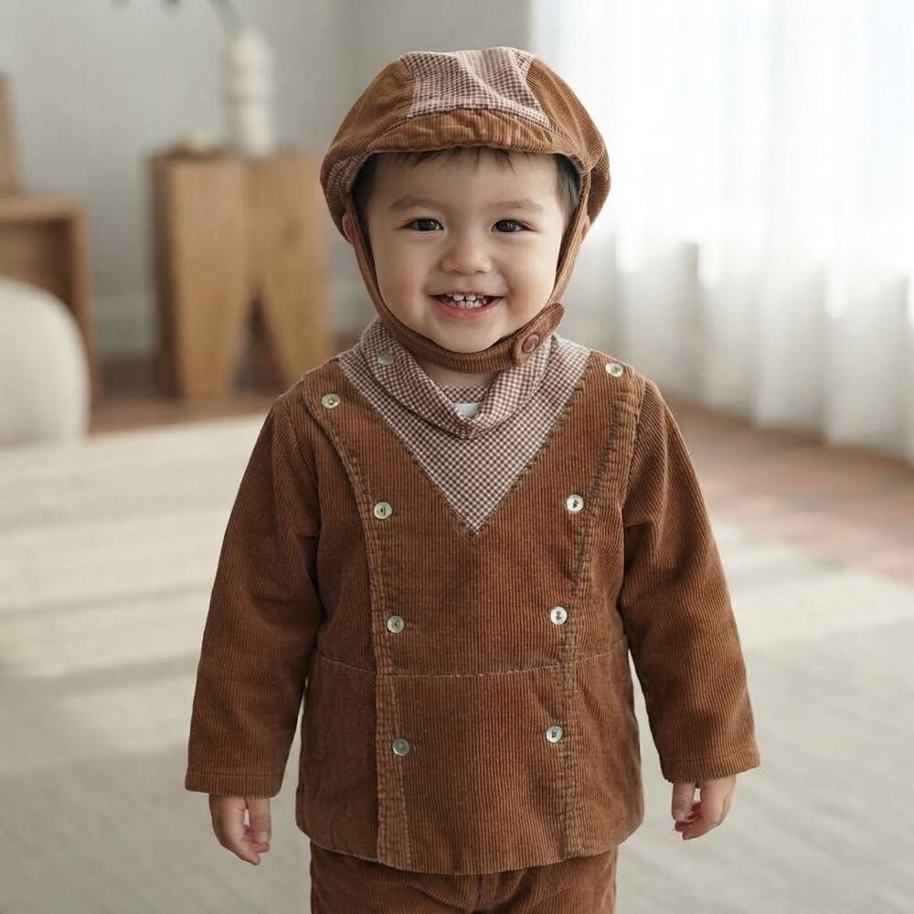 Vintage 1950s Corduroy Lined Jacket w/ Matching Cap Set Toddler 12-18 Mos.